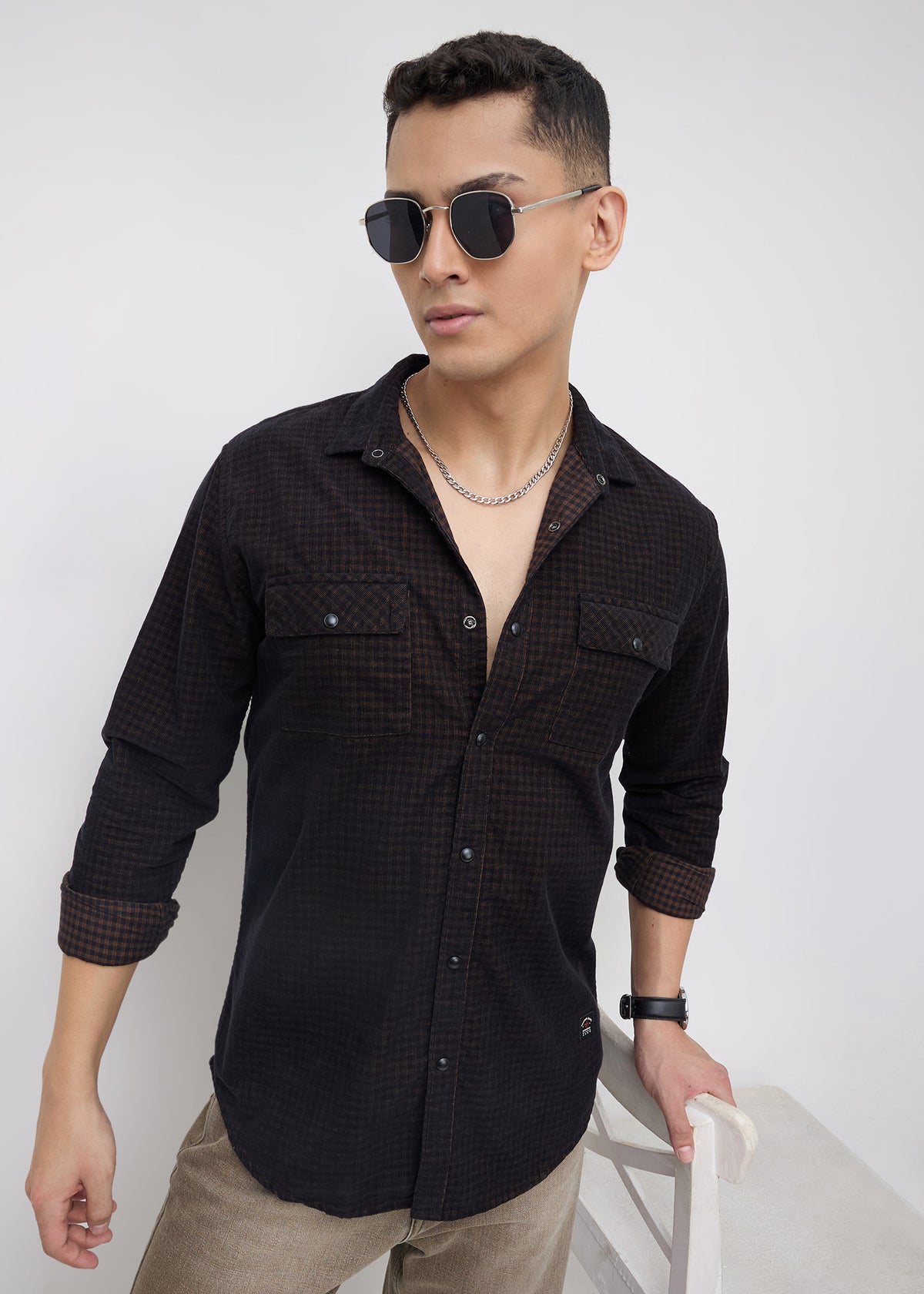 Addition Checked Full Sleeve Shirt: Coffee