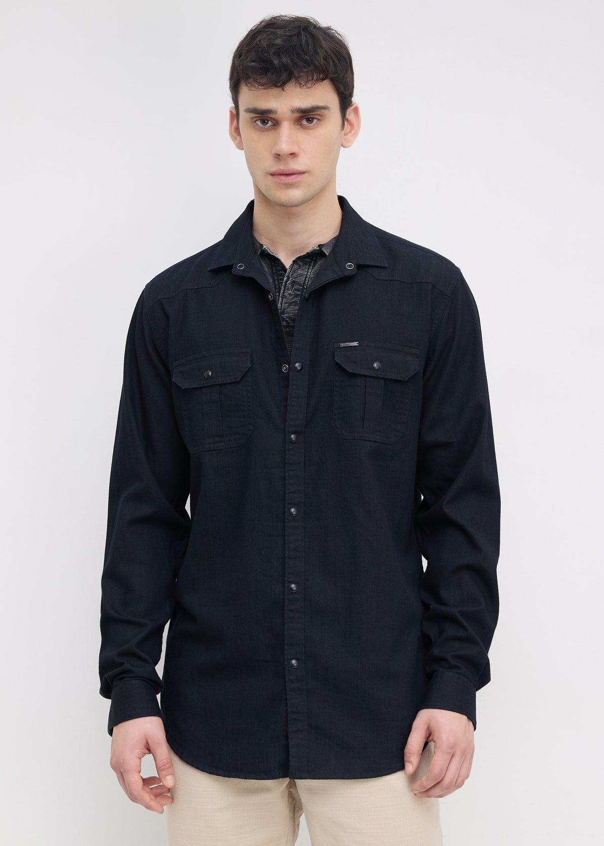 Election Utility Snap-Button Denim Shirt: Black