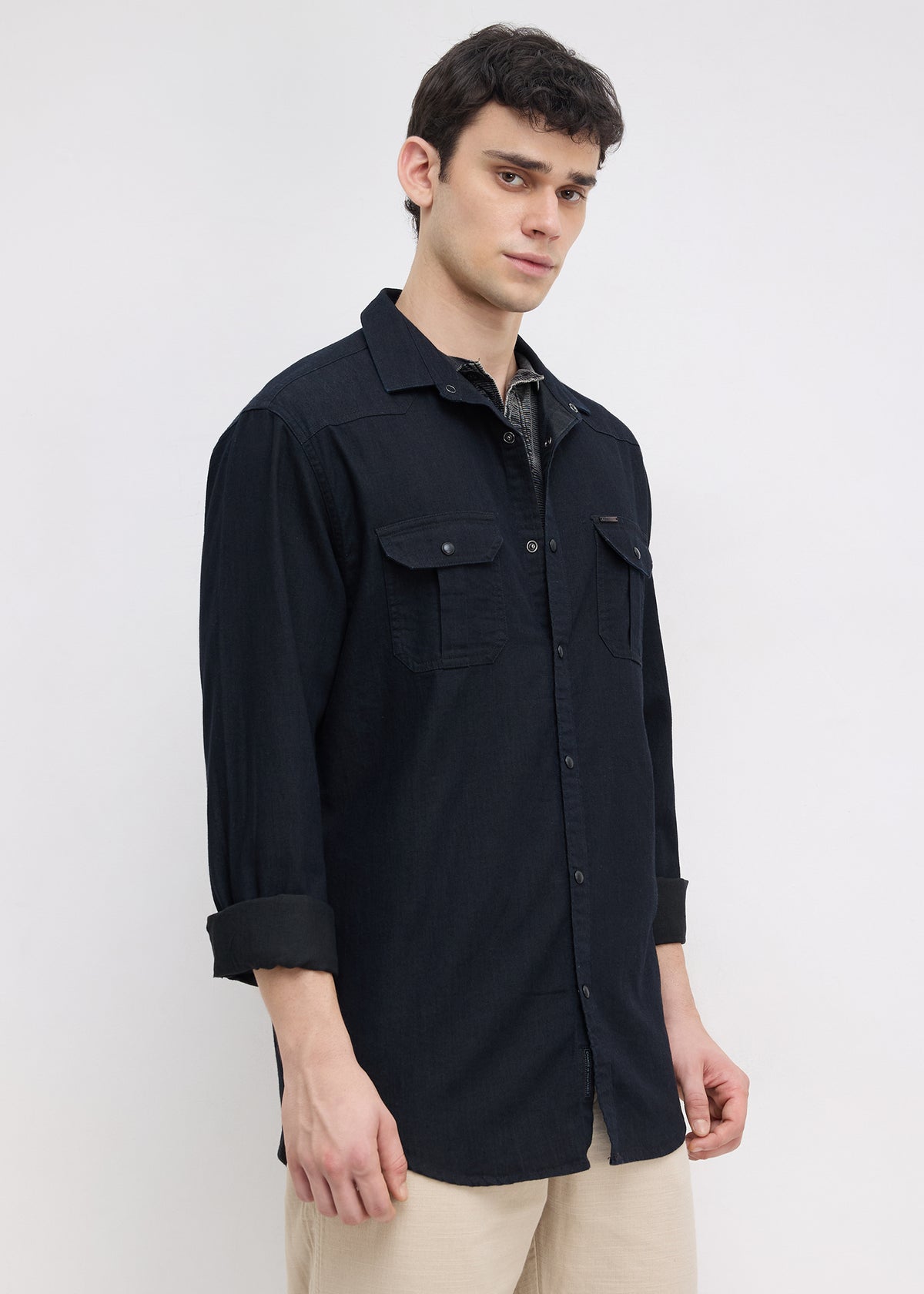 Election Utility Snap-Button Denim Shirt: Black