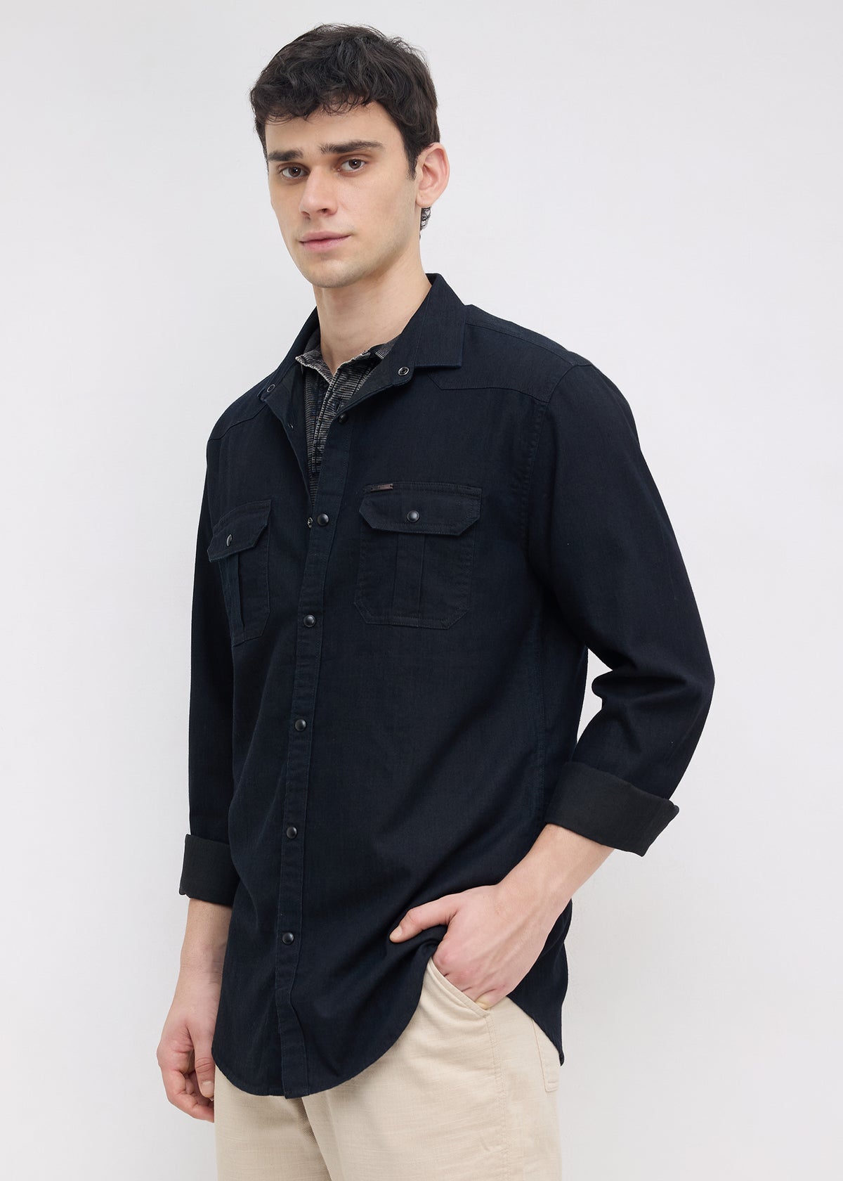 Election Utility Snap-Button Denim Shirt: Black