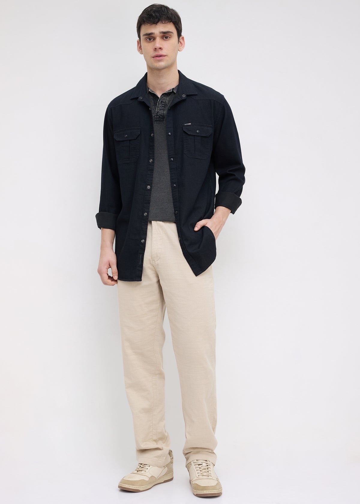 Election Utility Snap-Button Denim Shirt: Black