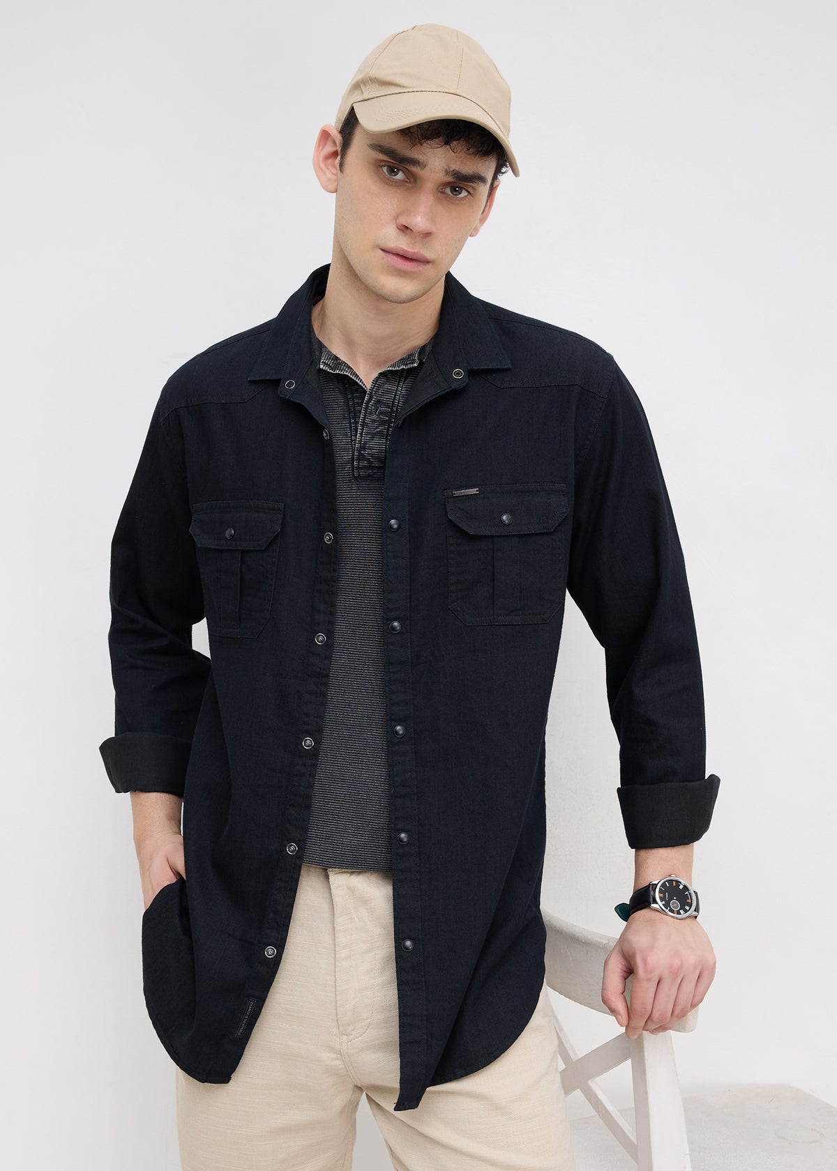 Election Utility Snap-Button Denim Shirt: Black