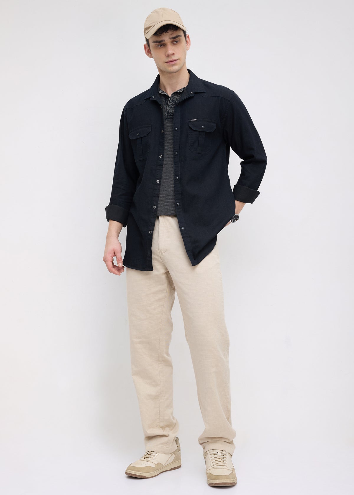 Election Utility Snap-Button Denim Shirt: Black