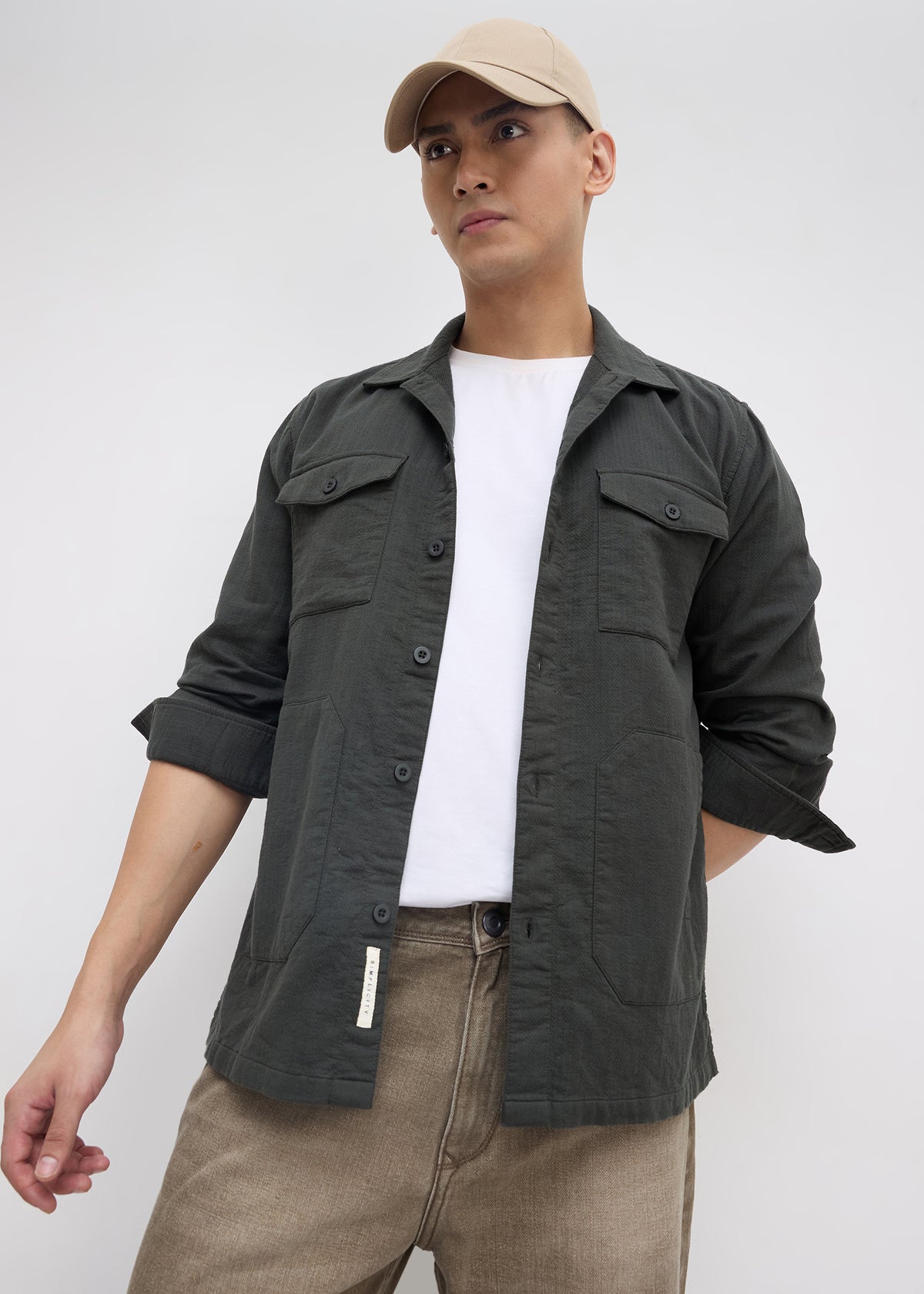 Welfare Textured Full Sleeve Shacket: Green