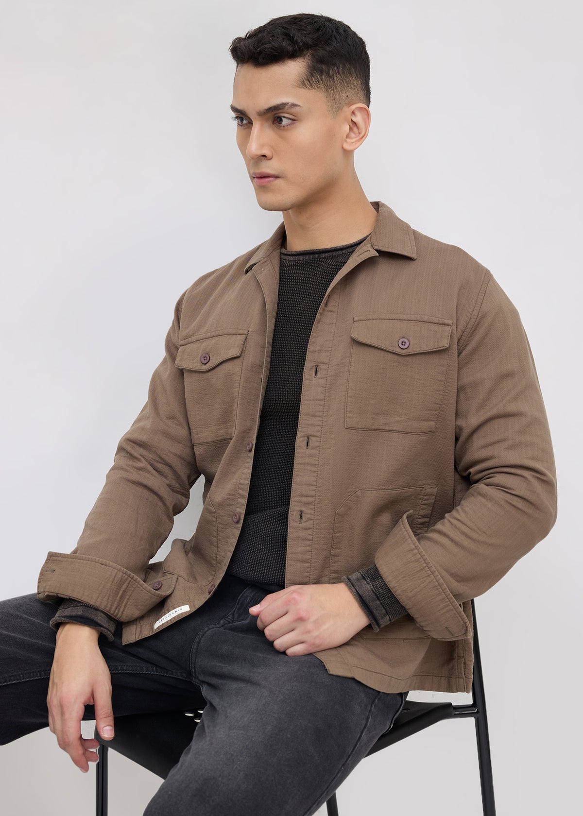 Welfare Textured Full Sleeve Shacket: Brown
