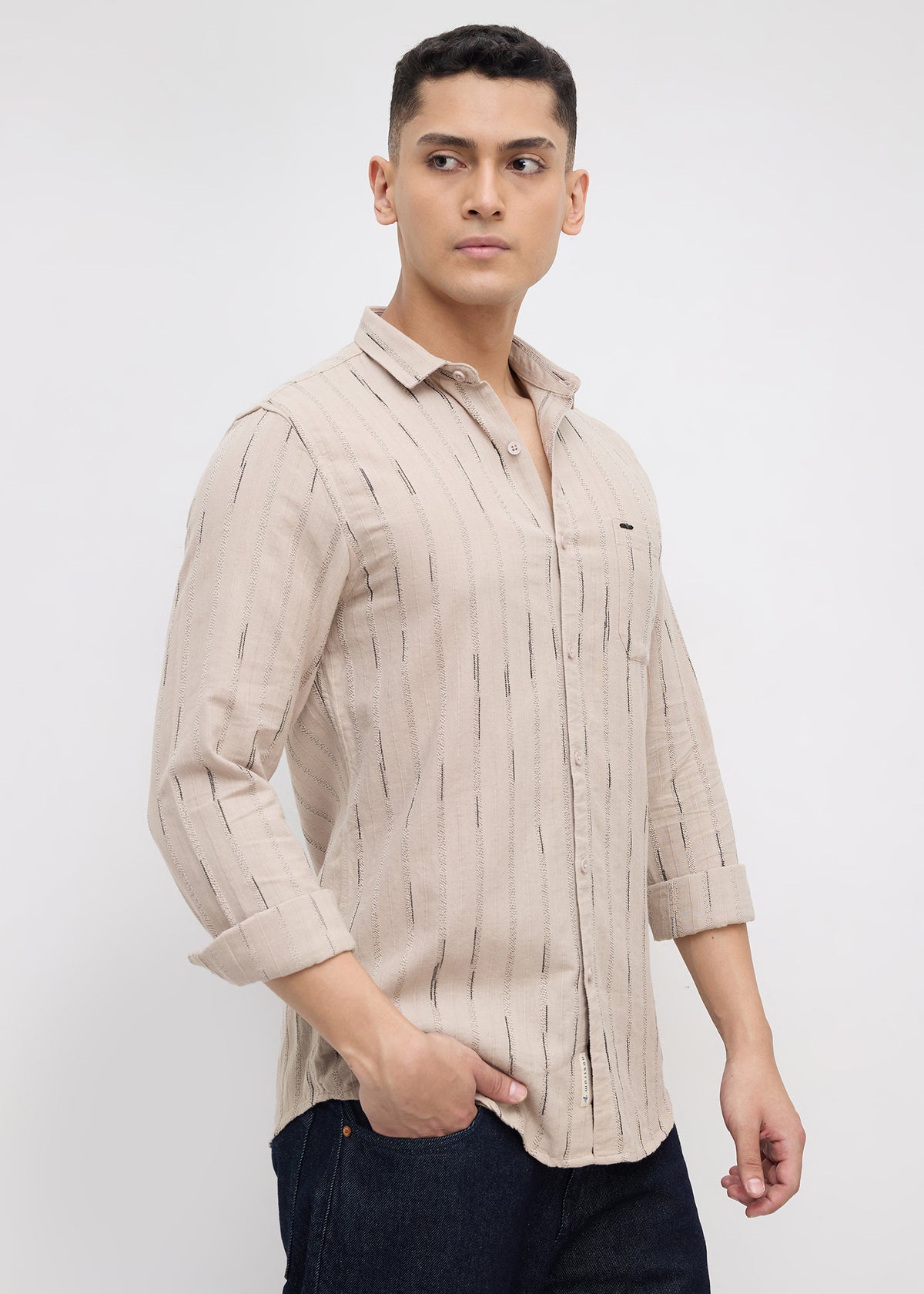 Qatar Full Sleeve Textured Shirt: Beige