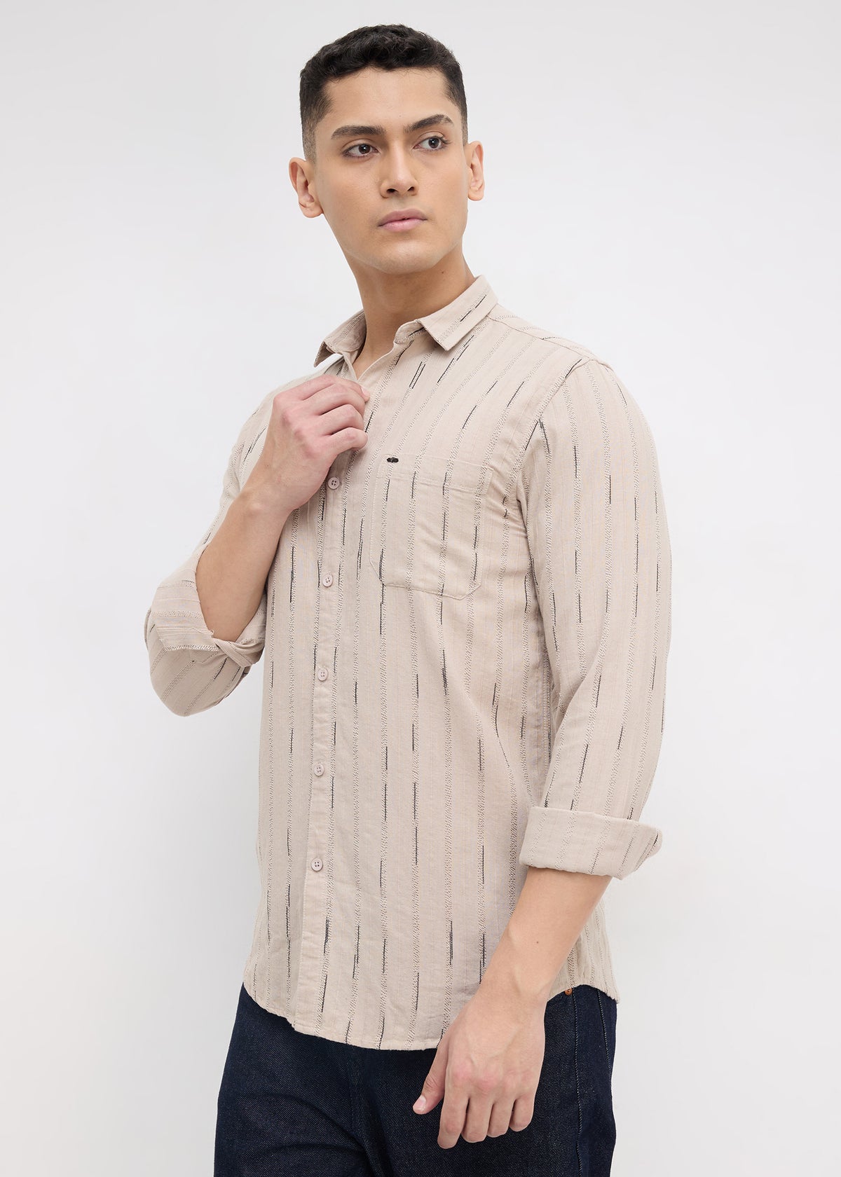 Qatar Full Sleeve Textured Shirt: Beige
