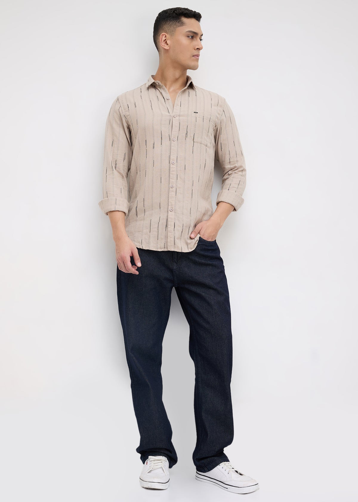 Qatar Full Sleeve Textured Shirt: Beige