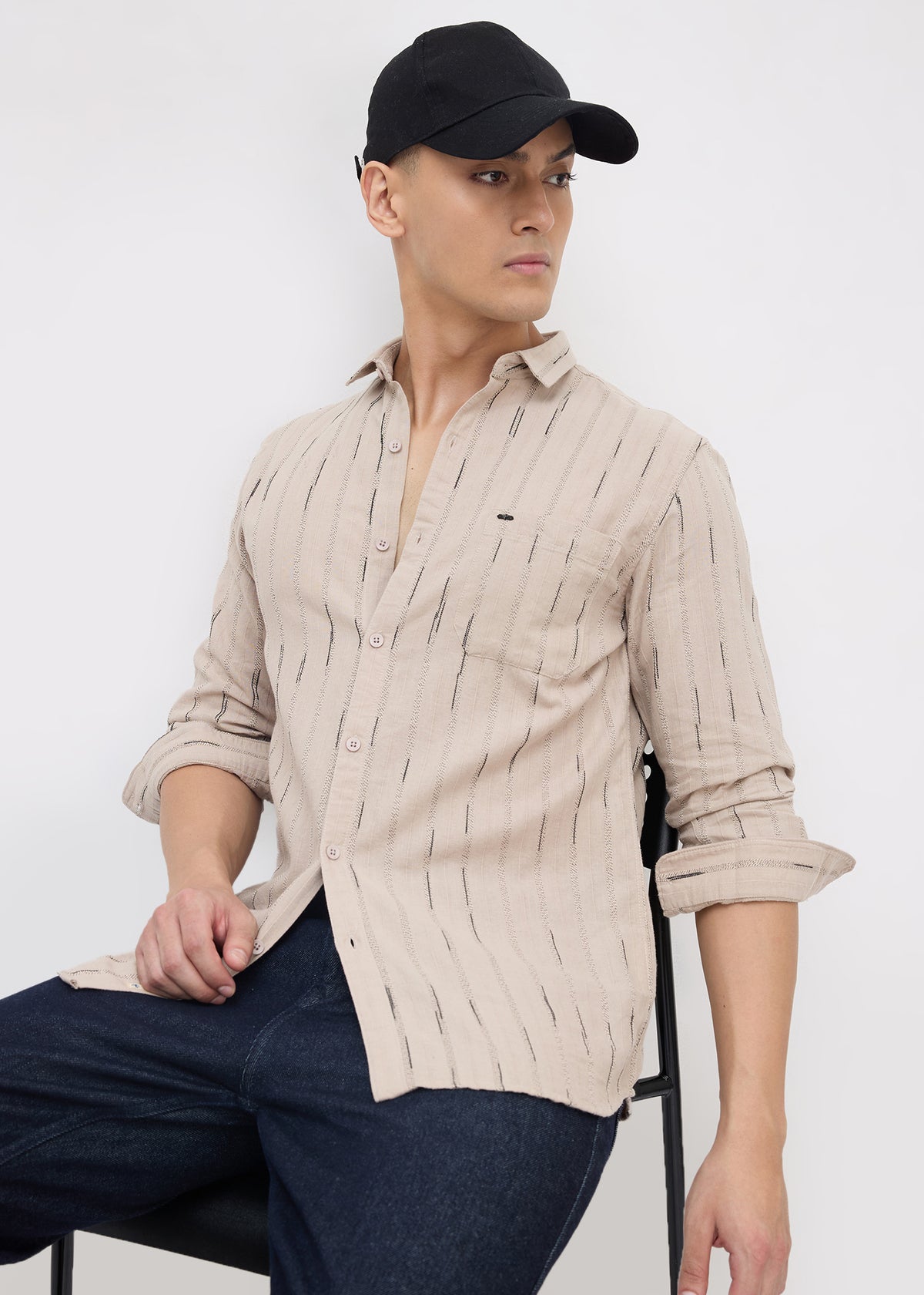 Qatar Full Sleeve Textured Shirt: Beige