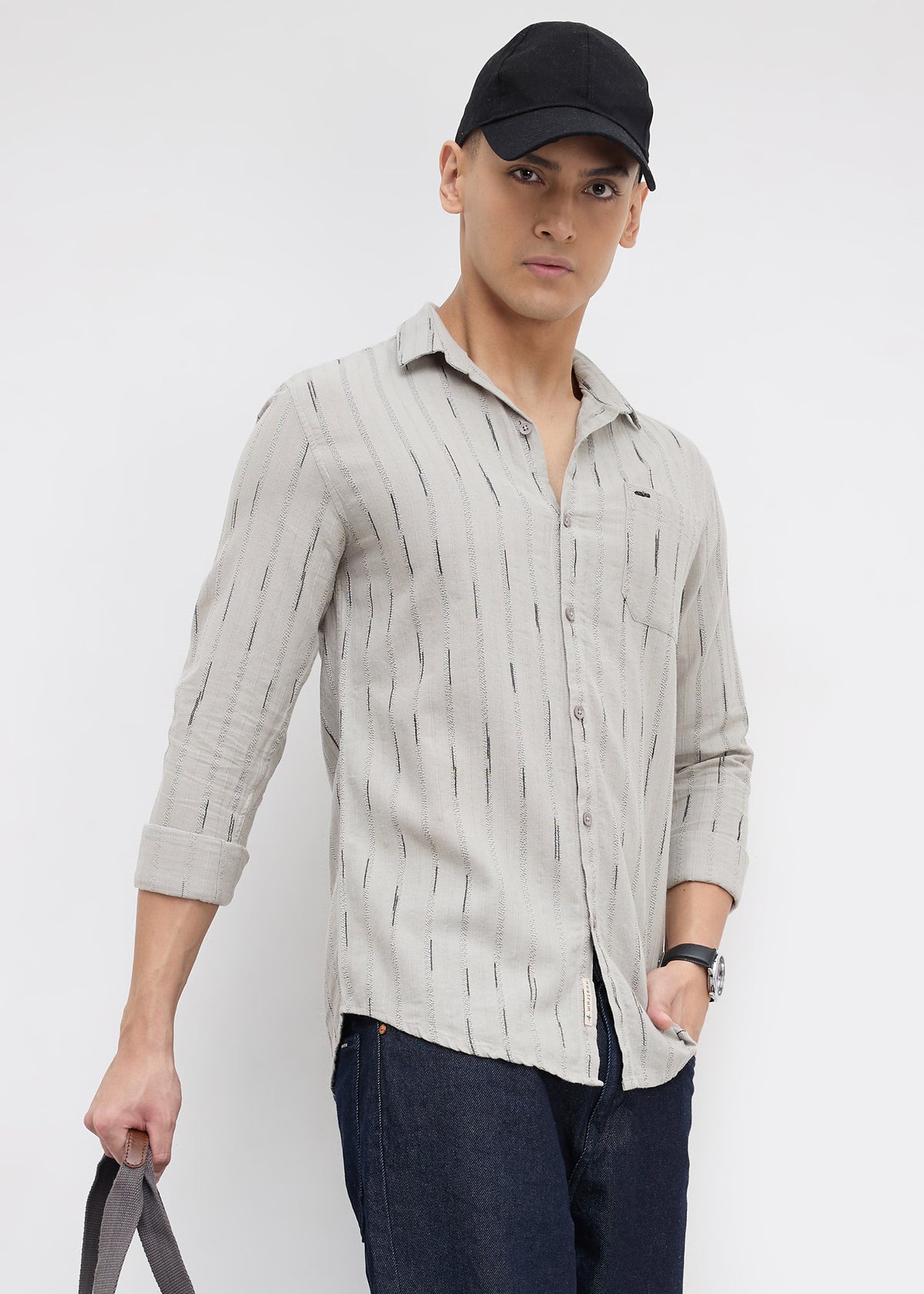 Qatar Full Sleeve Textured Shirt: Grey
