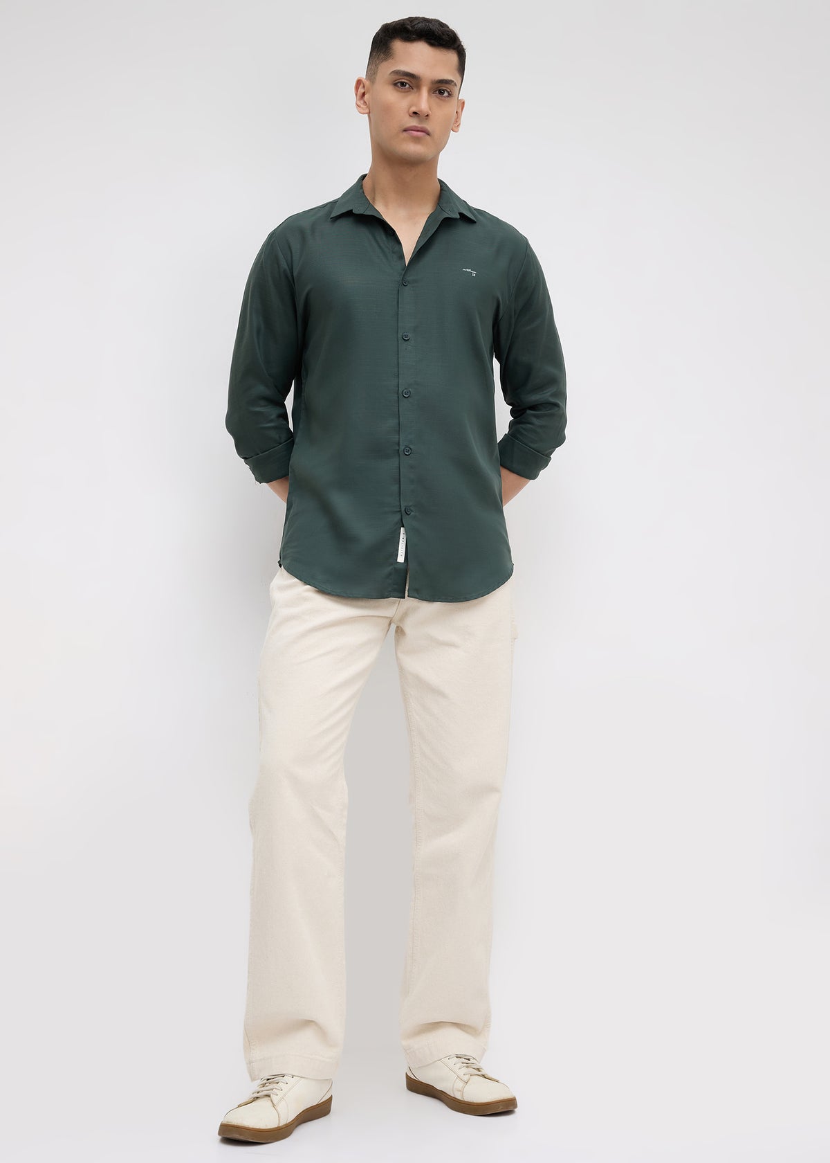 Theatre Solid Full Sleeve Shirt: Bottle Green