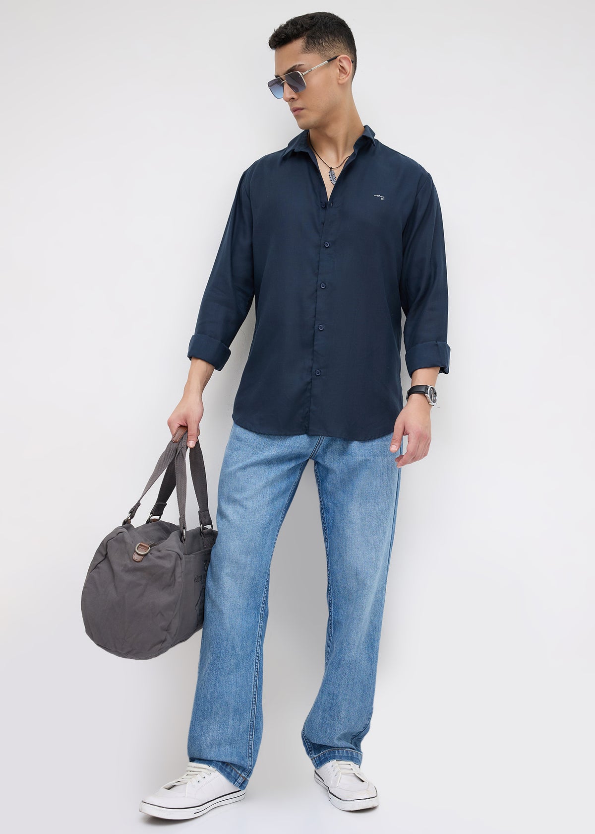 Theatre Solid Full Sleeve Shirt: Navy