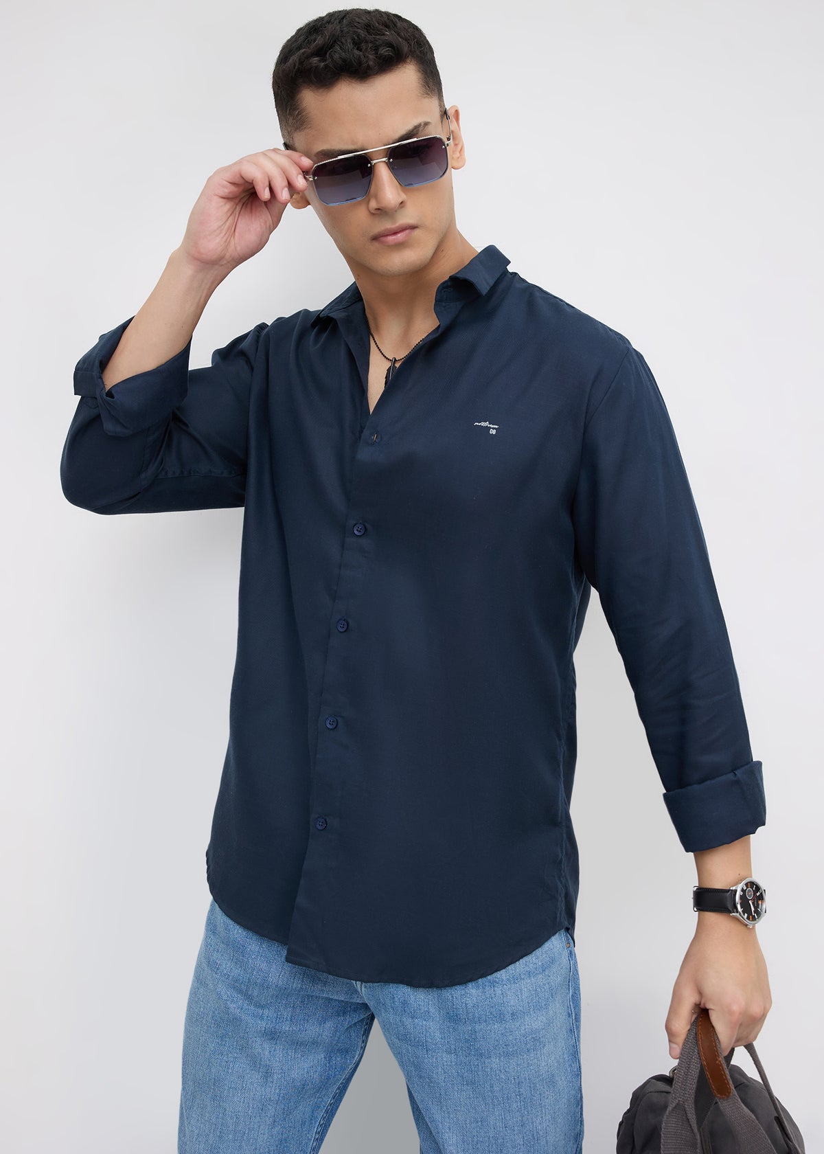 Theatre Solid Full Sleeve Shirt: Navy