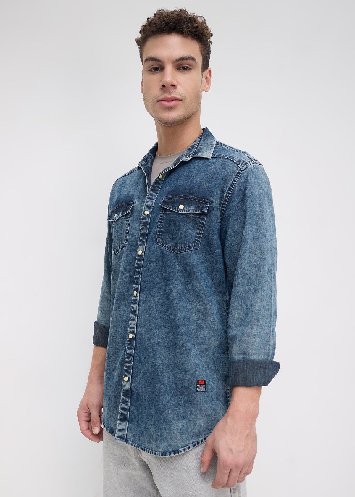 Hygienic Washed Double-Pocket Denim Shirt: Stone