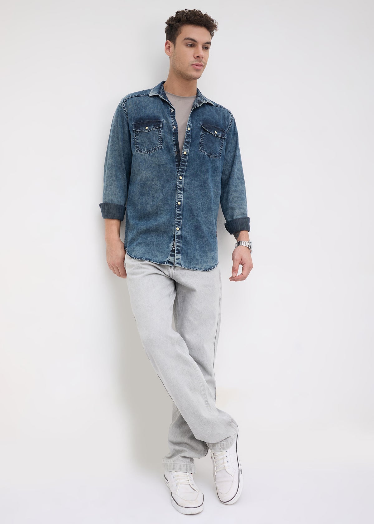 Hygienic Washed Double-Pocket Denim Shirt: Stone