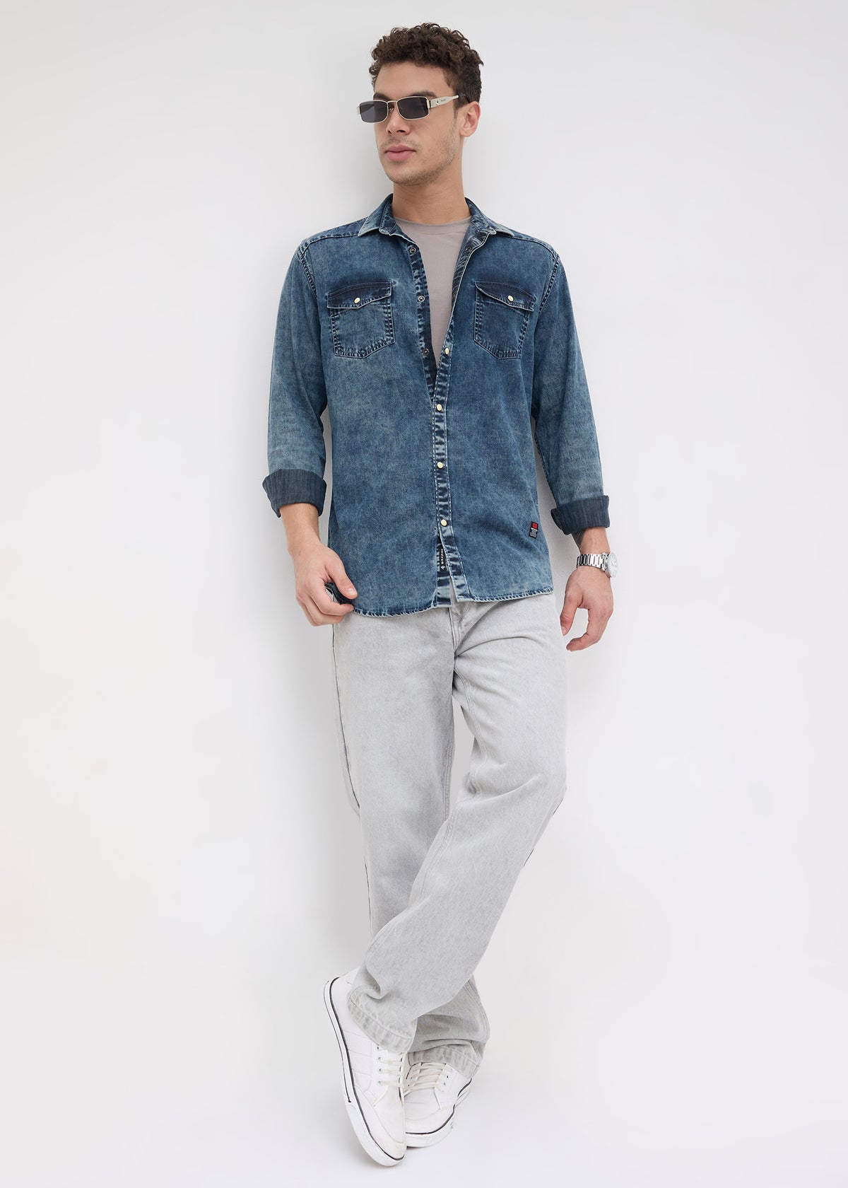 Hygienic Washed Double-Pocket Denim Shirt: Stone