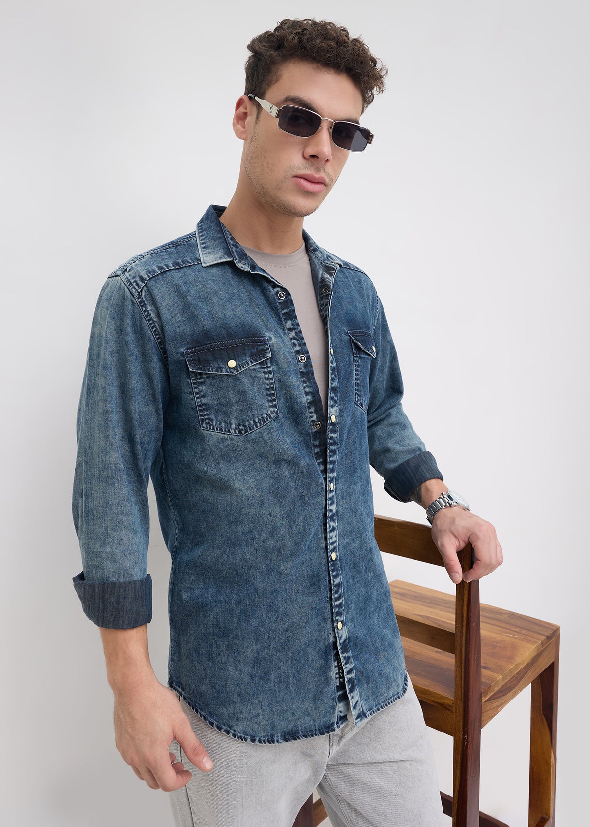 Hygienic Washed Double-Pocket Denim Shirt: Stone