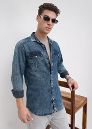 Hygienic Washed Double-Pocket Denim Shirt: Stone
