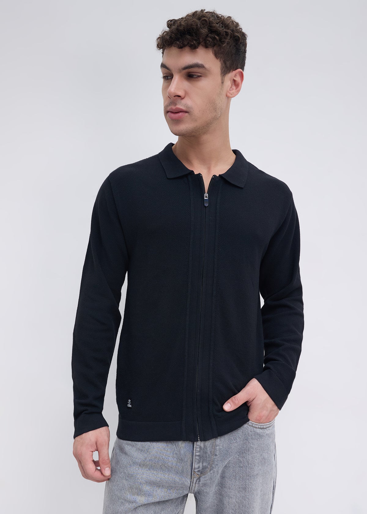 Alvares Textured Zip-Front Sweater: Black