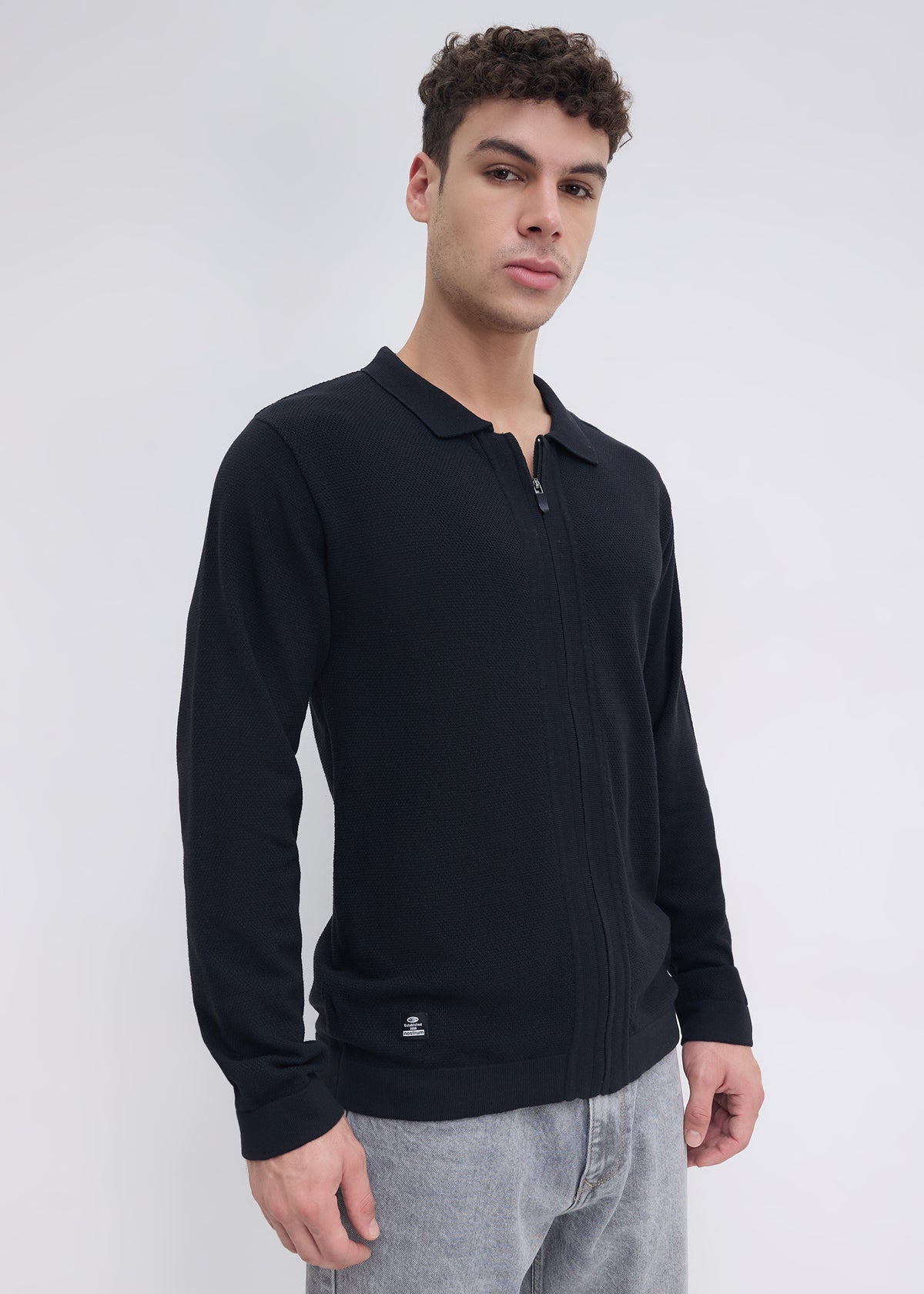 Alvares Textured Zip-Front Sweater: Black
