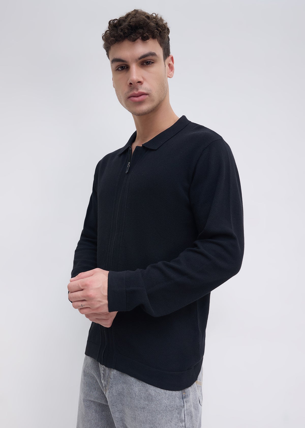 Alvares Textured Zip-Front Sweater: Black