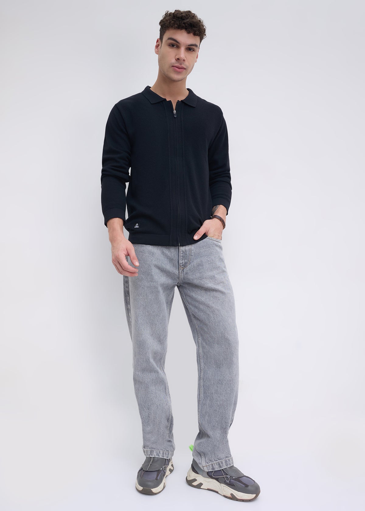 Alvares Textured Zip-Front Sweater: Black