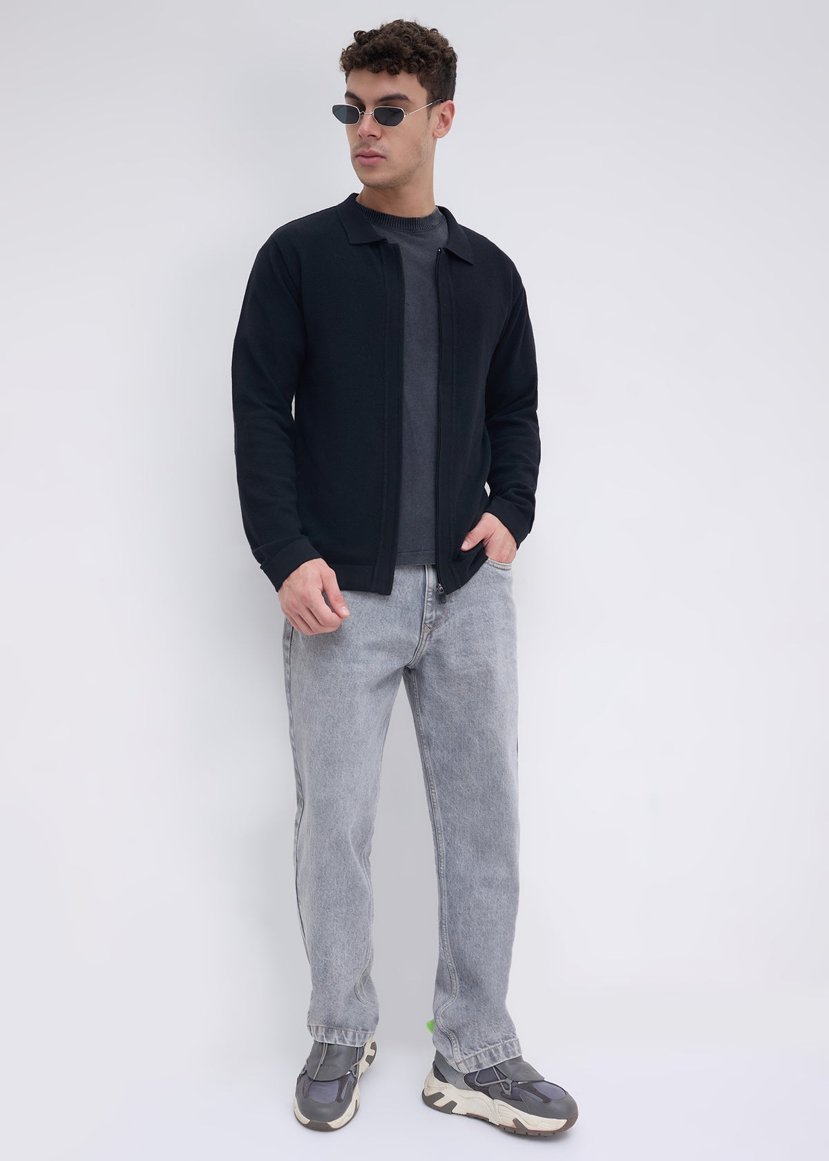 Alvares Textured Zip-Front Sweater: Black