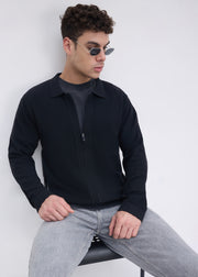 Alvares Textured Zip-Front Sweater: Black