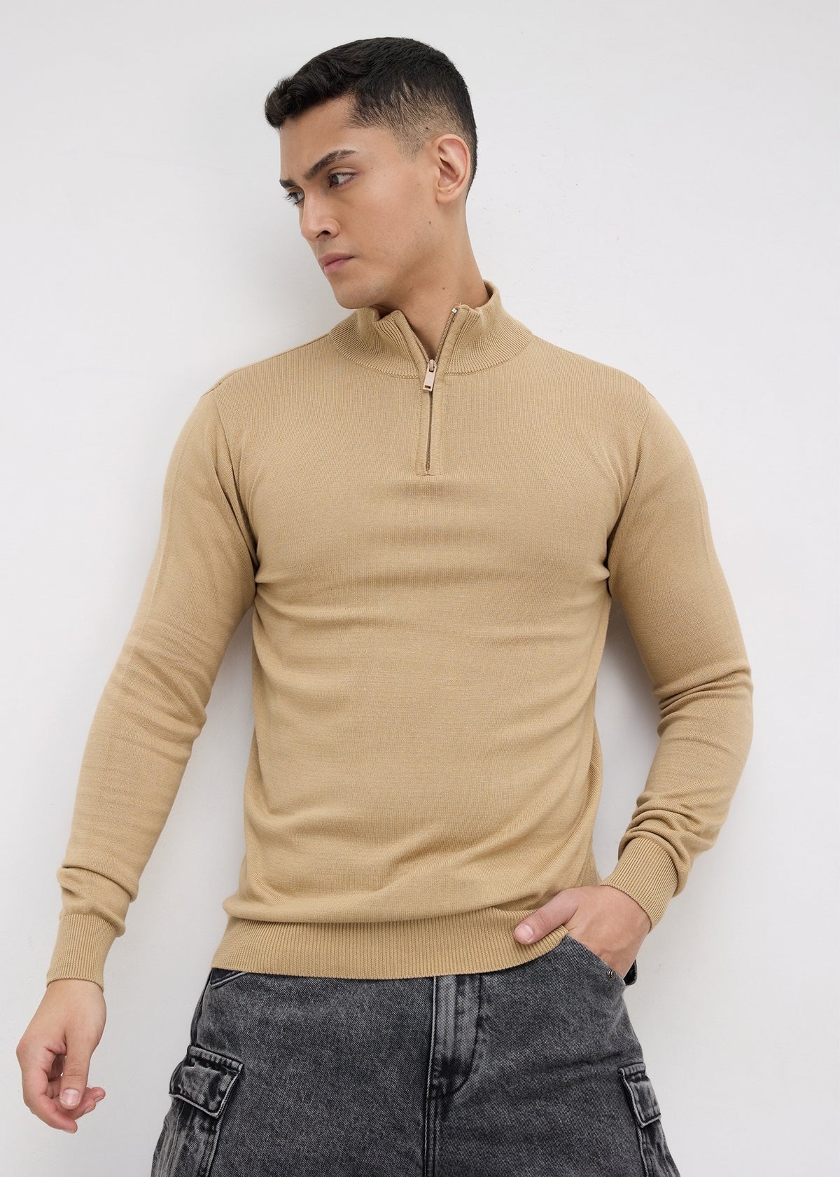 Lauren Quarter-Zip High Neck Pullover: Beige