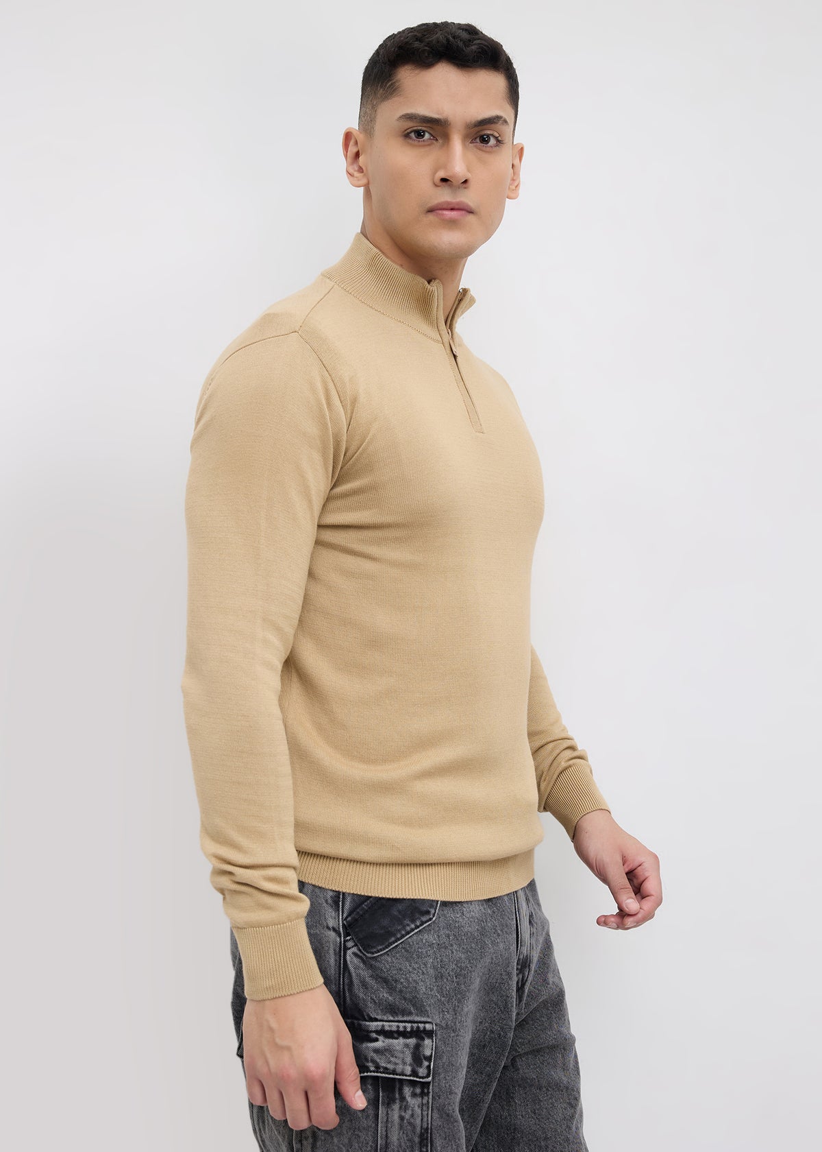 Lauren Quarter-Zip High Neck Pullover: Beige