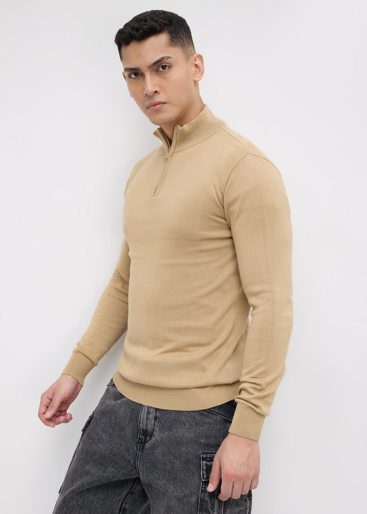 Lauren Quarter-Zip High Neck Pullover: Beige