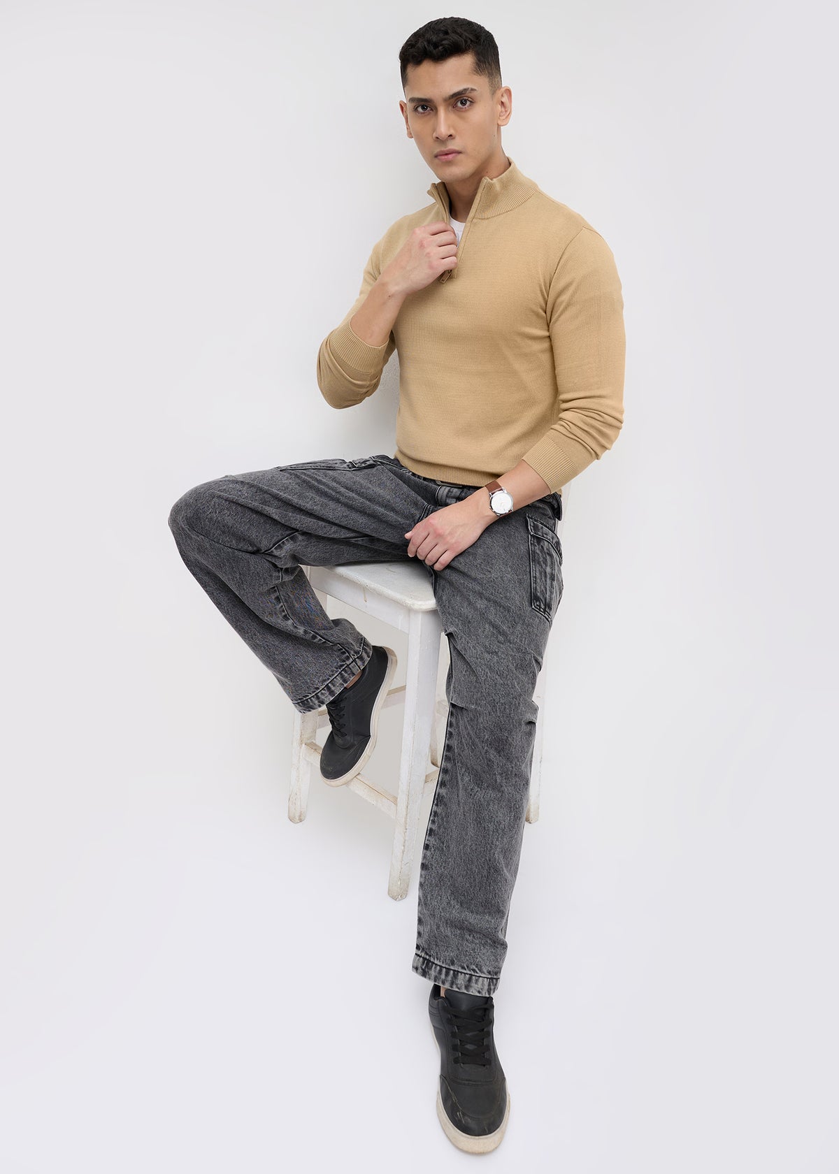 Lauren Quarter-Zip High Neck Pullover: Beige