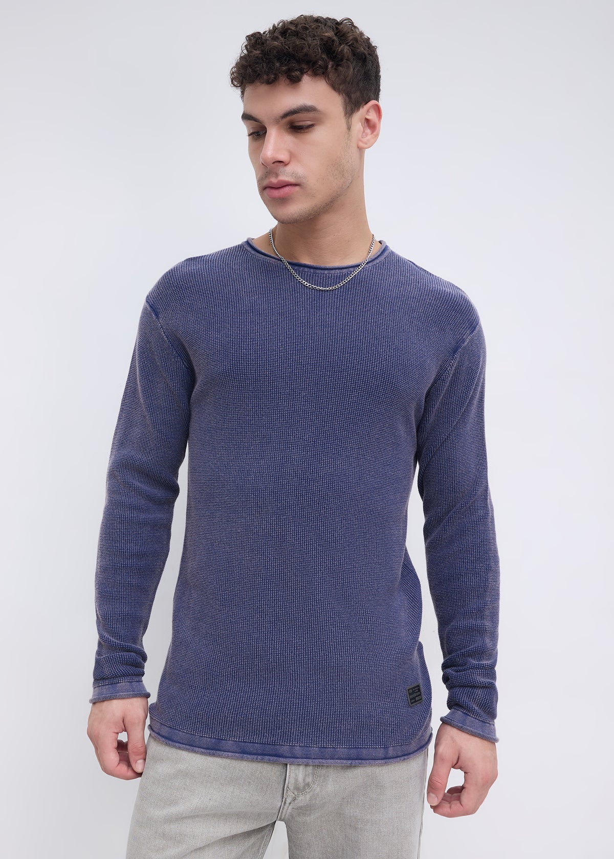 Codin Textured Round Neck Long Sleeve T-Shirt: Blue