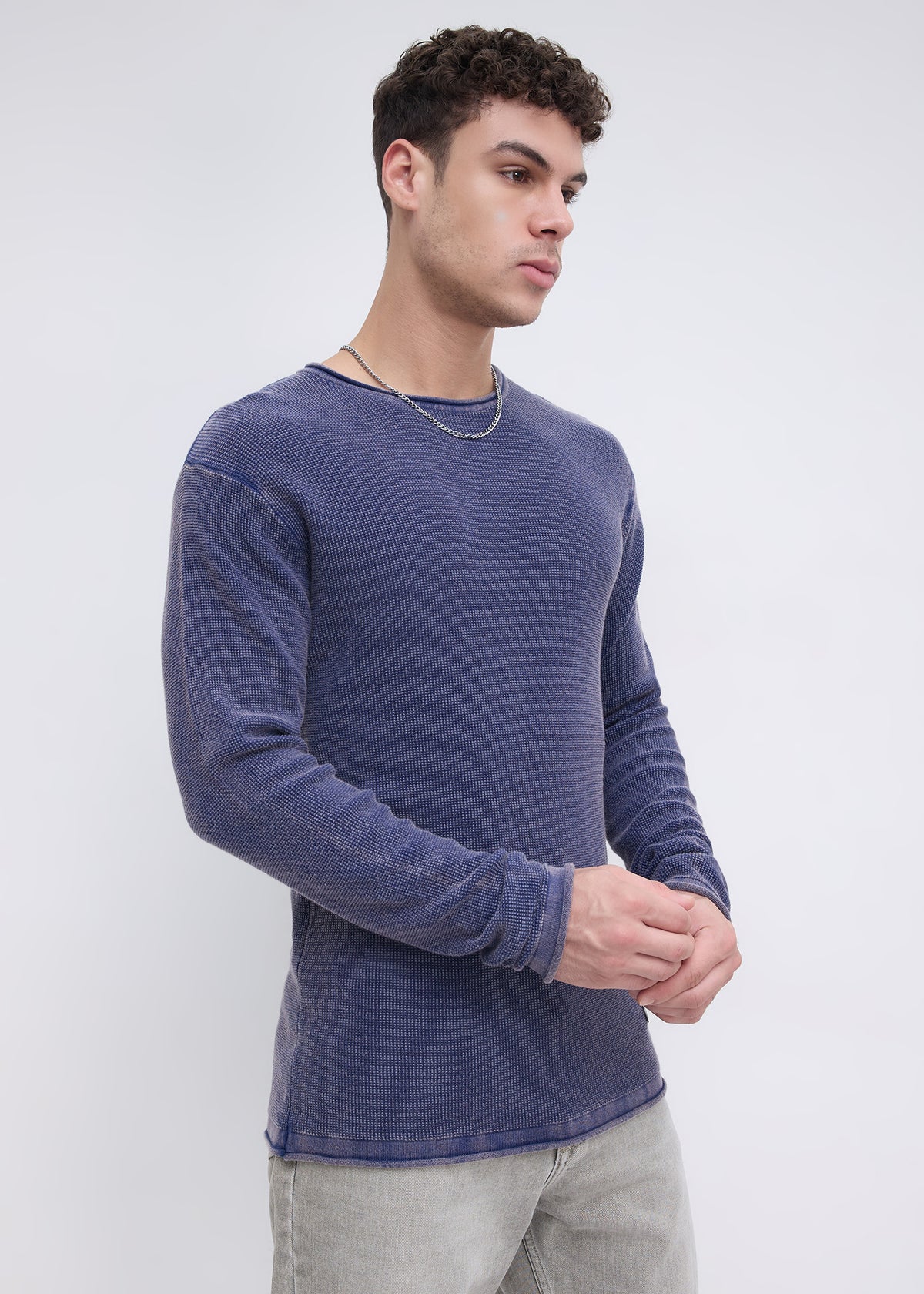 Codin Textured Round Neck Long Sleeve T-Shirt: Blue
