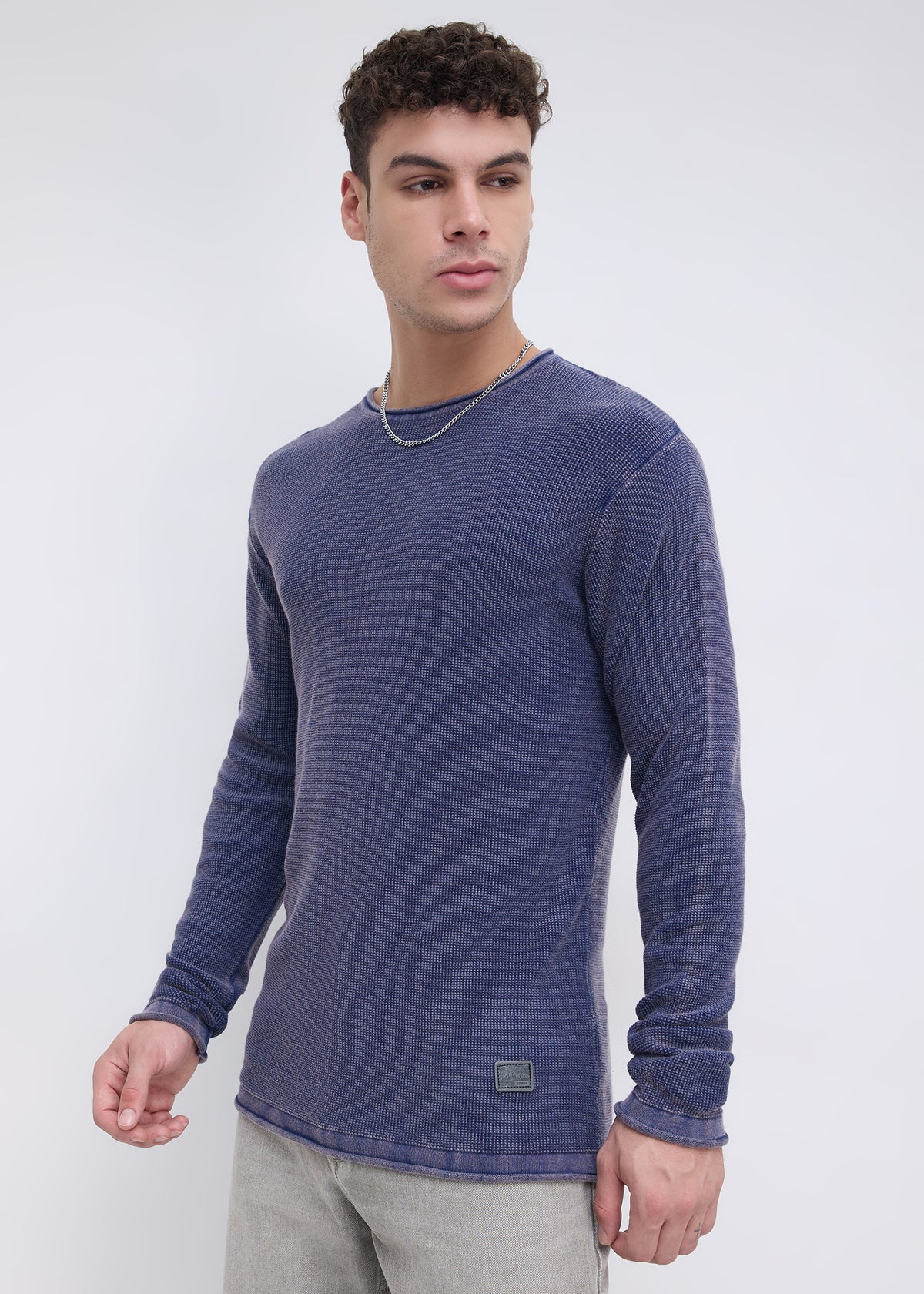 Codin Textured Round Neck Long Sleeve T-Shirt: Blue