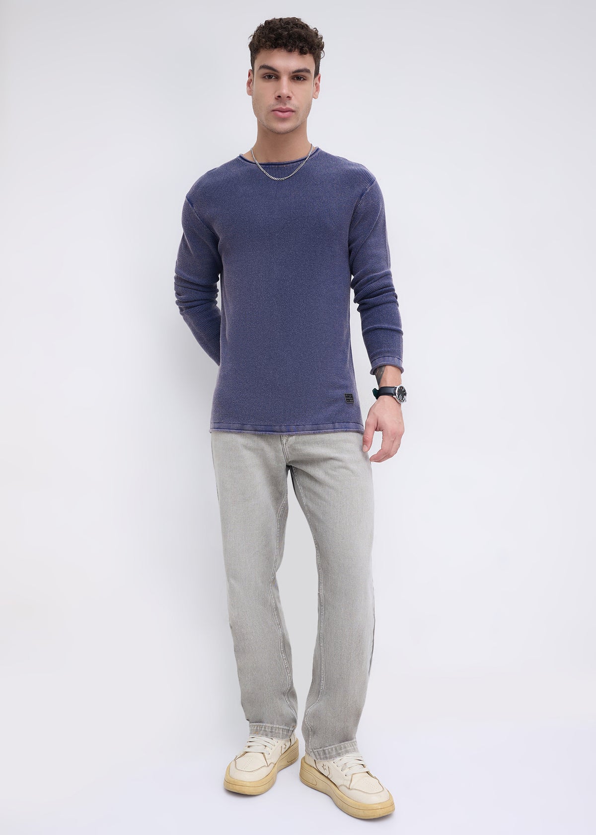 Codin Textured Round Neck Long Sleeve T-Shirt: Blue