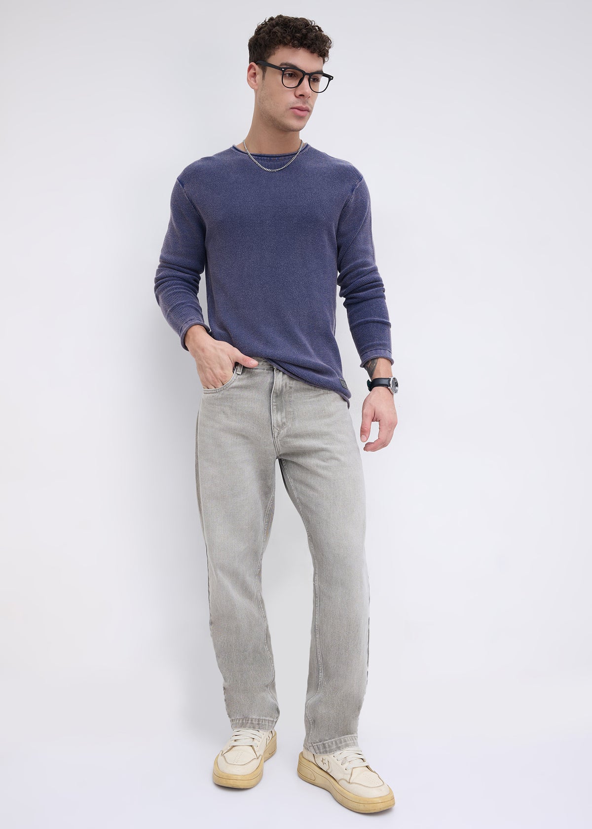 Codin Textured Round Neck Long Sleeve T-Shirt: Blue