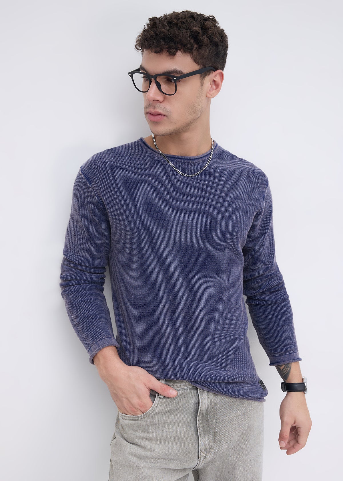 Codin Textured Round Neck Long Sleeve T-Shirt: Blue