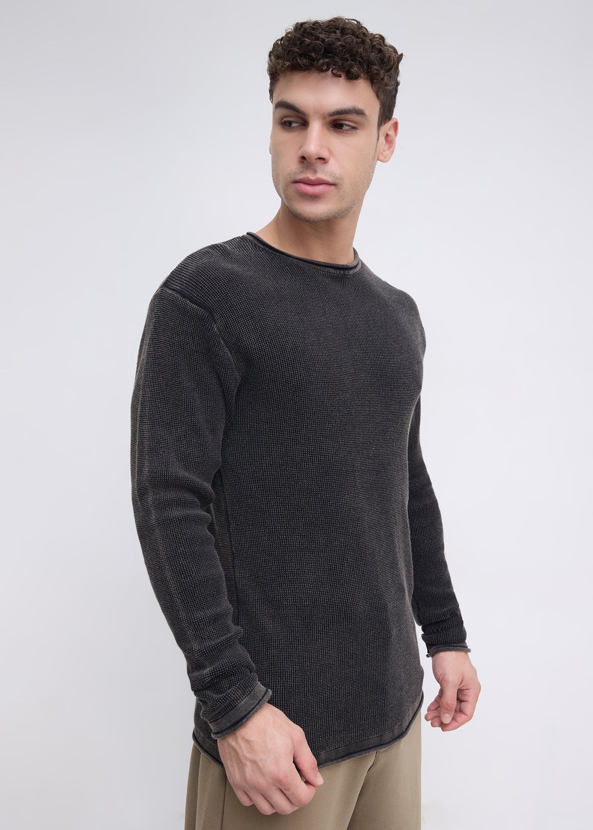 Codin Textured Round Neck Long Sleeve T-Shirt: Black