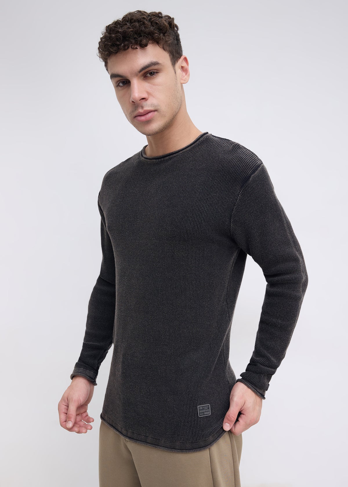 Codin Textured Round Neck Long Sleeve T-Shirt: Black
