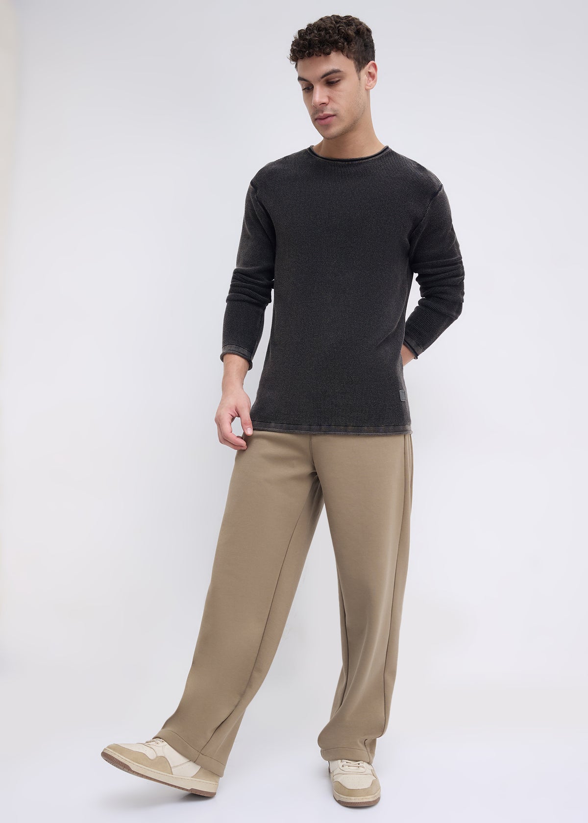 Codin Textured Round Neck Long Sleeve T-Shirt: Black