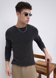 Codin Textured Round Neck Long Sleeve T-Shirt: Black