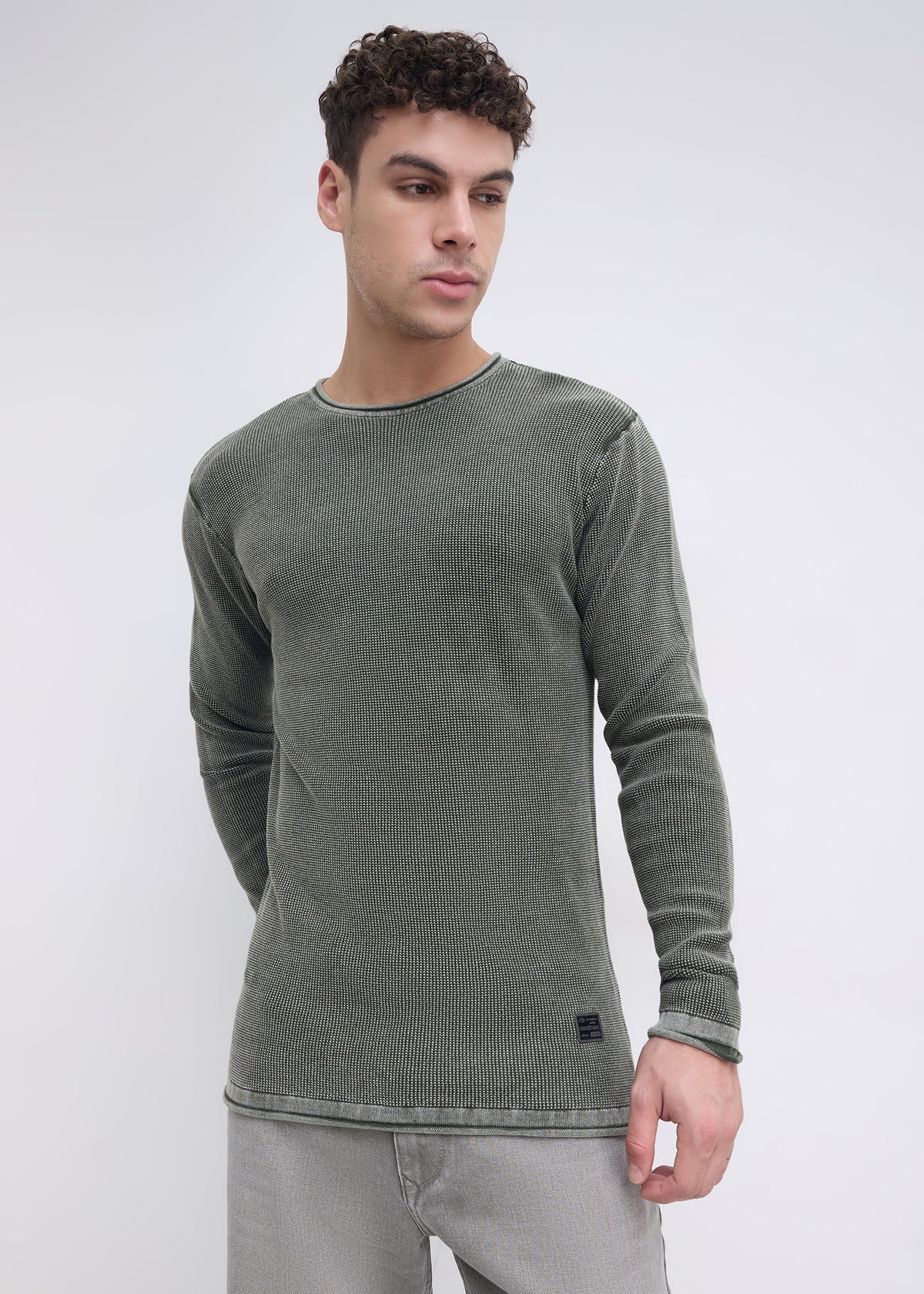 Codin Textured Round Neck Long Sleeve T-Shirt: Olive