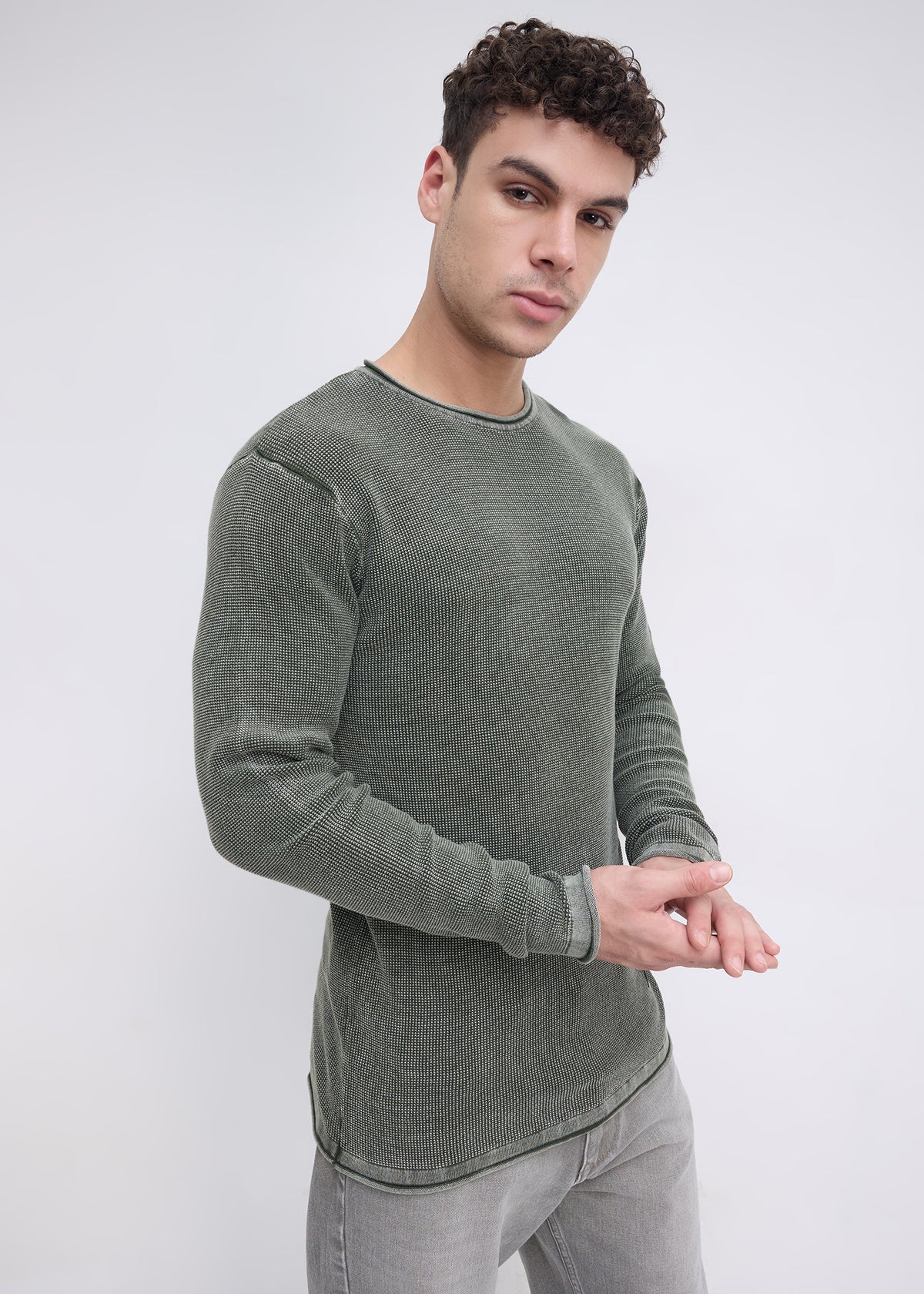 Codin Textured Round Neck Long Sleeve T-Shirt: Olive