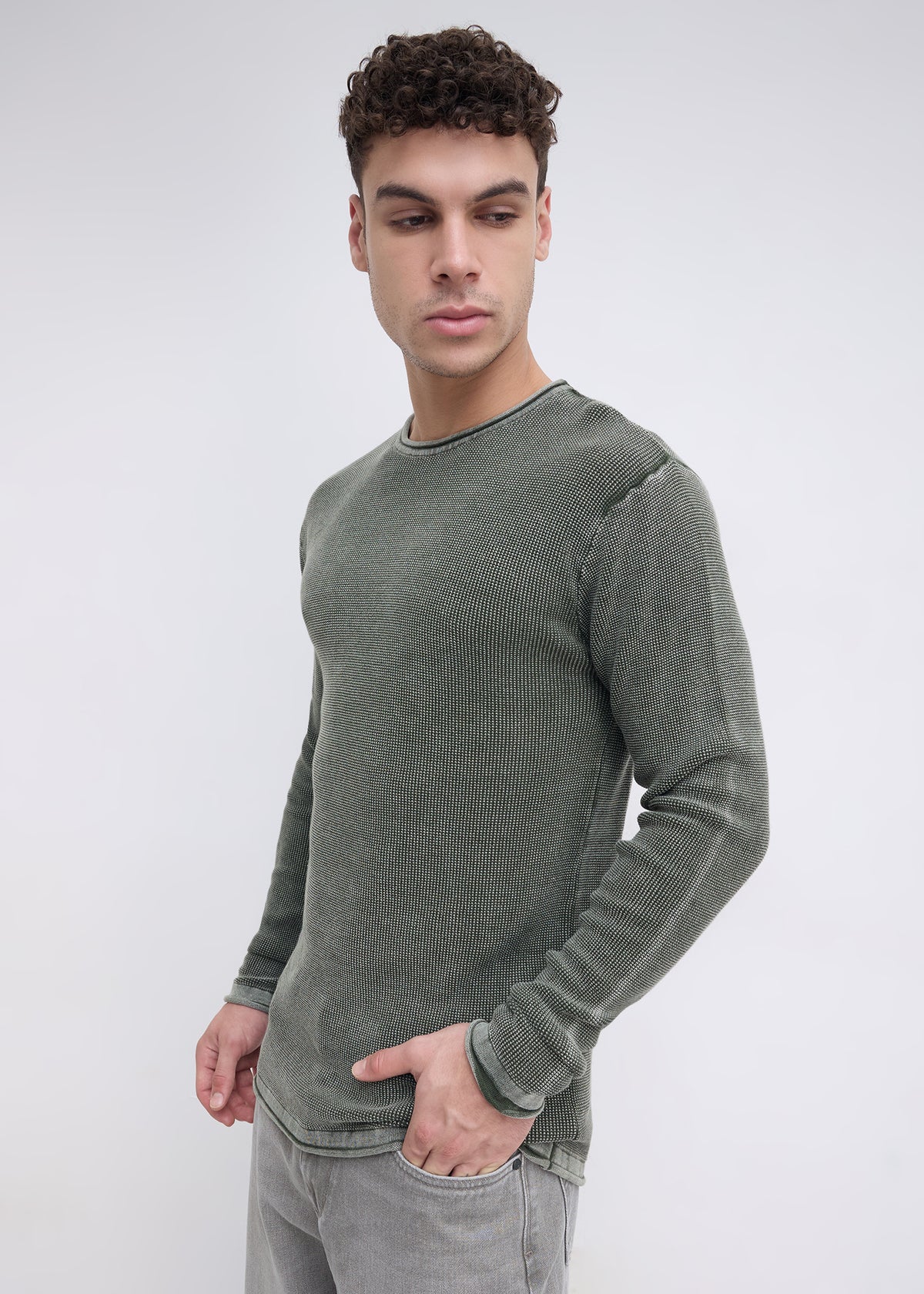 Codin Textured Round Neck Long Sleeve T-Shirt: Olive