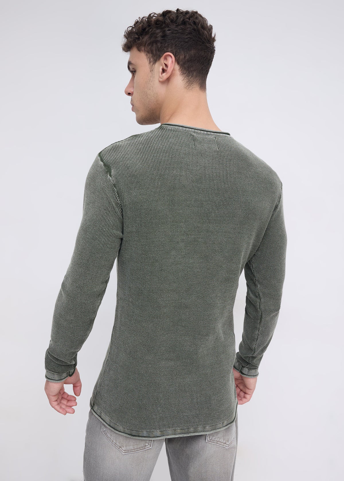 Codin Textured Round Neck Long Sleeve T-Shirt: Olive