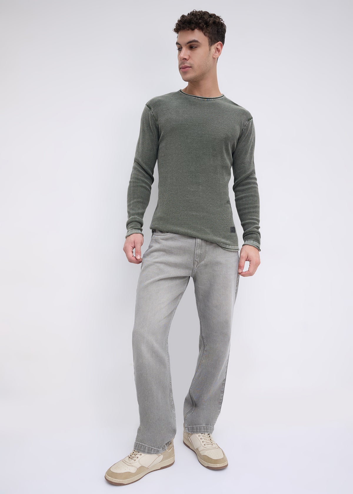 Codin Textured Round Neck Long Sleeve T-Shirt: Olive