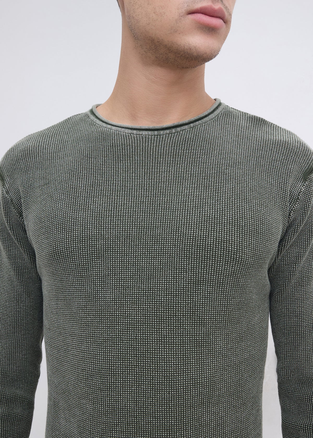 Codin Textured Round Neck Long Sleeve T-Shirt: Olive