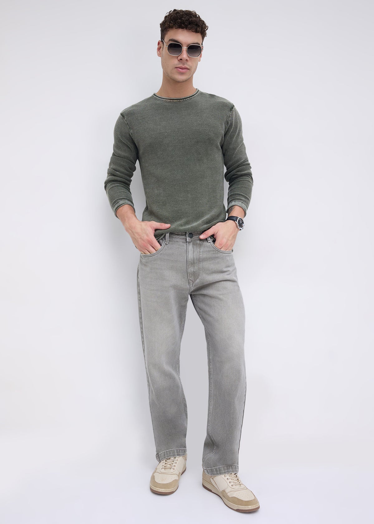 Codin Textured Round Neck Long Sleeve T-Shirt: Olive