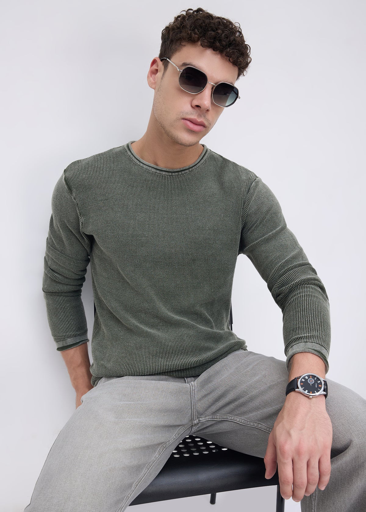 Codin Textured Round Neck Long Sleeve T-Shirt: Olive